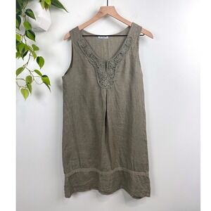 Bohabille Paris Green Linen Crochet Sequin V-Neck Shift Dress L Boho Lagenlook